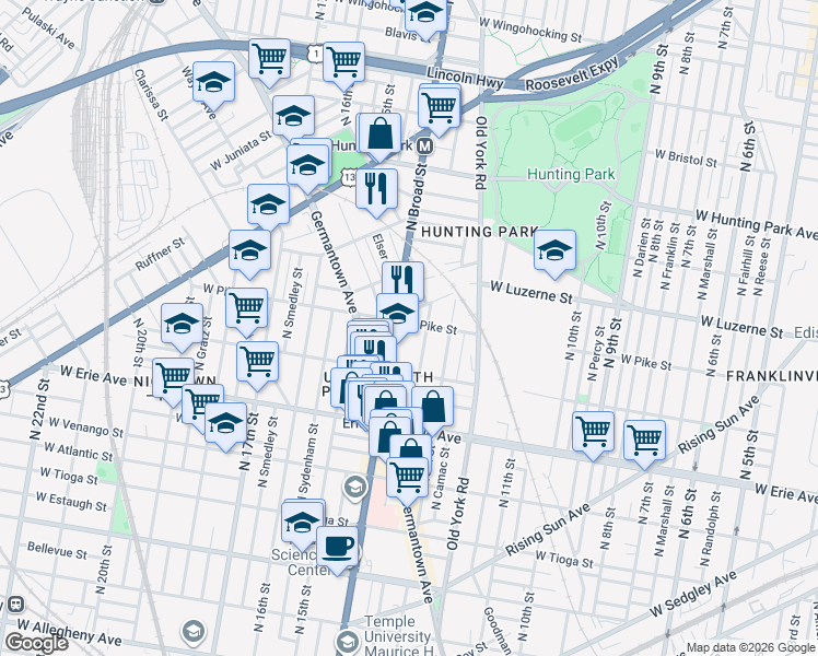 map of restaurants, bars, coffee shops, grocery stores, and more near 1347 West Pike Street in Philadelphia