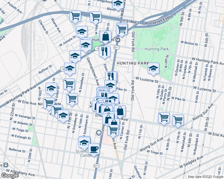 map of restaurants, bars, coffee shops, grocery stores, and more near 1347 West Pike Street in Philadelphia