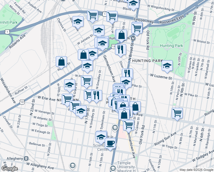 map of restaurants, bars, coffee shops, grocery stores, and more near 3862 North Sydenham Street in Philadelphia
