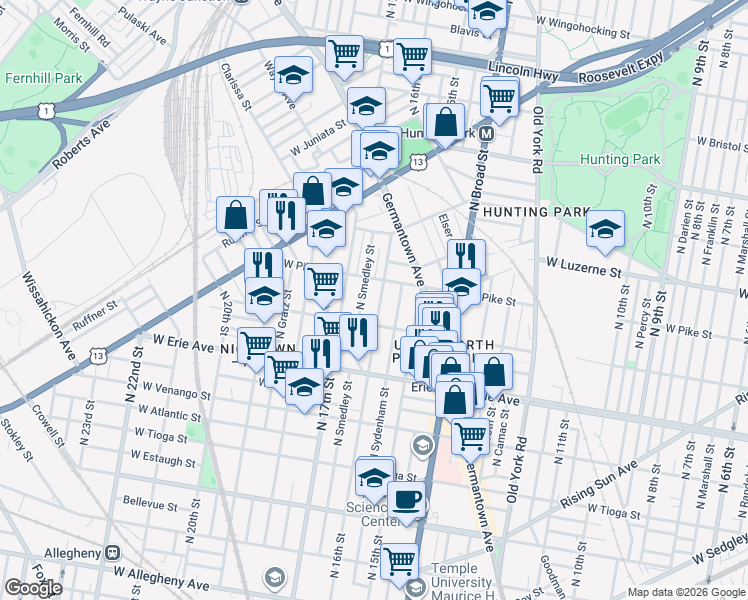 map of restaurants, bars, coffee shops, grocery stores, and more near 3849 North Smedley Street in Philadelphia