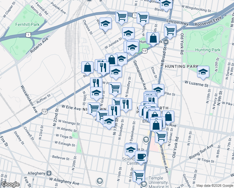 map of restaurants, bars, coffee shops, grocery stores, and more near 3841 North Bouvier Street in Philadelphia