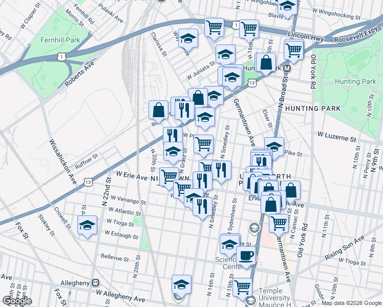 map of restaurants, bars, coffee shops, grocery stores, and more near 3835 North Gratz Street in Philadelphia