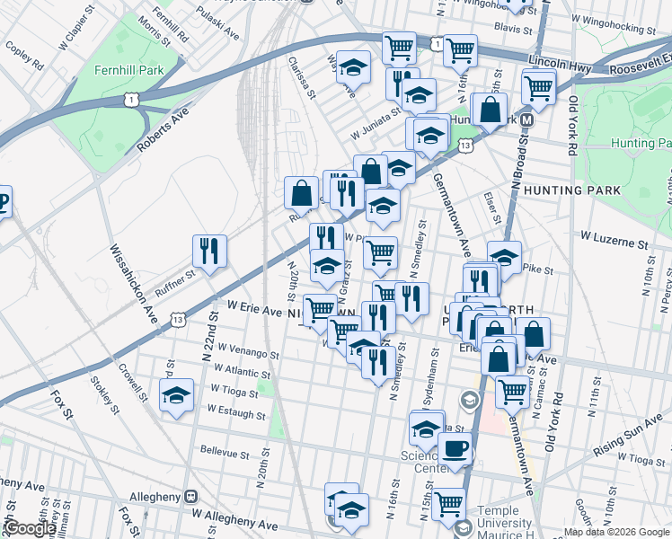 map of restaurants, bars, coffee shops, grocery stores, and more near 3826 North 19th Street in Philadelphia