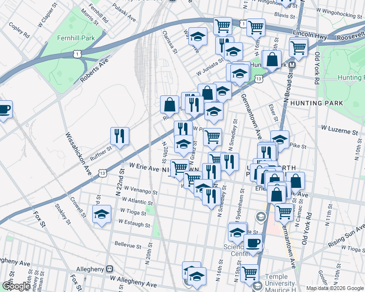 map of restaurants, bars, coffee shops, grocery stores, and more near 3826 North 19th Street in Philadelphia