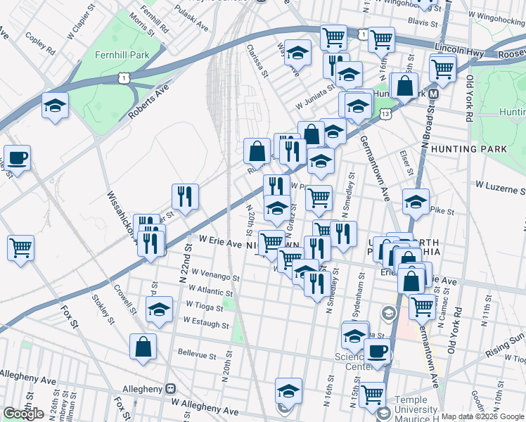 map of restaurants, bars, coffee shops, grocery stores, and more near 1974 West Hunting Park Avenue in Philadelphia