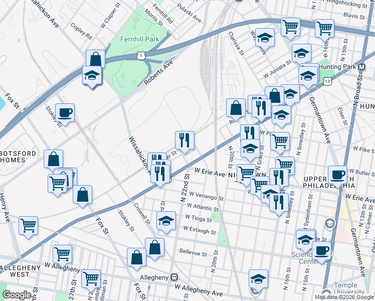 map of restaurants, bars, coffee shops, grocery stores, and more near 2125 Ruffner Street in Philadelphia