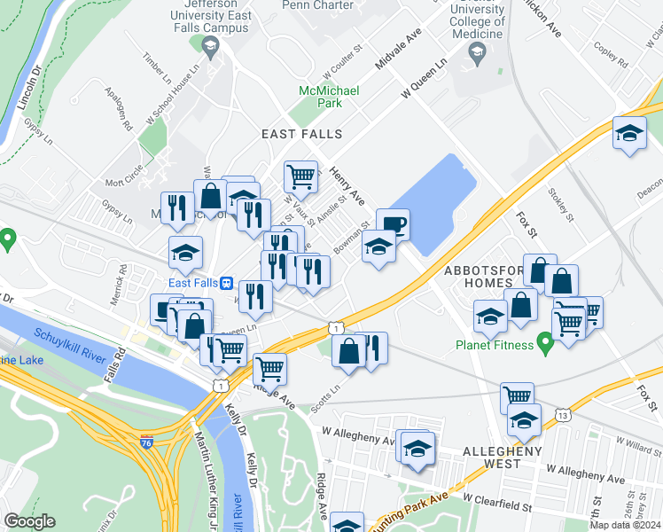 map of restaurants, bars, coffee shops, grocery stores, and more near 3423 Bowman Street in Philadelphia