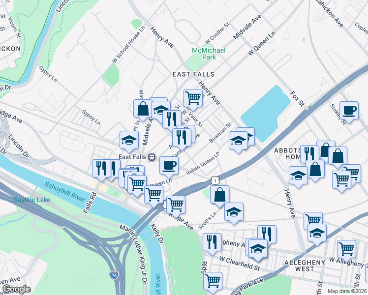 map of restaurants, bars, coffee shops, grocery stores, and more near 3455 Sunnyside Avenue in Philadelphia