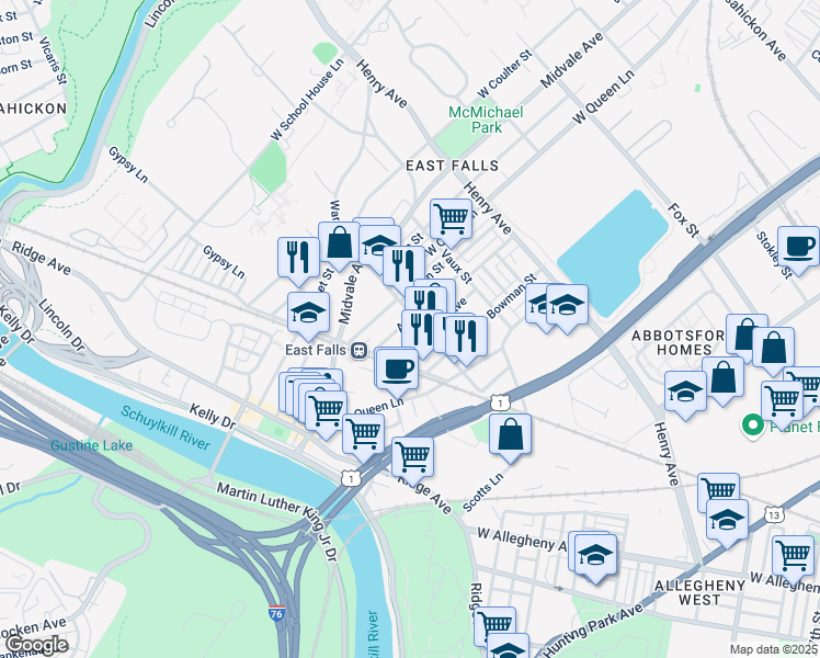 map of restaurants, bars, coffee shops, grocery stores, and more near 3511 Ainslie Street in Philadelphia