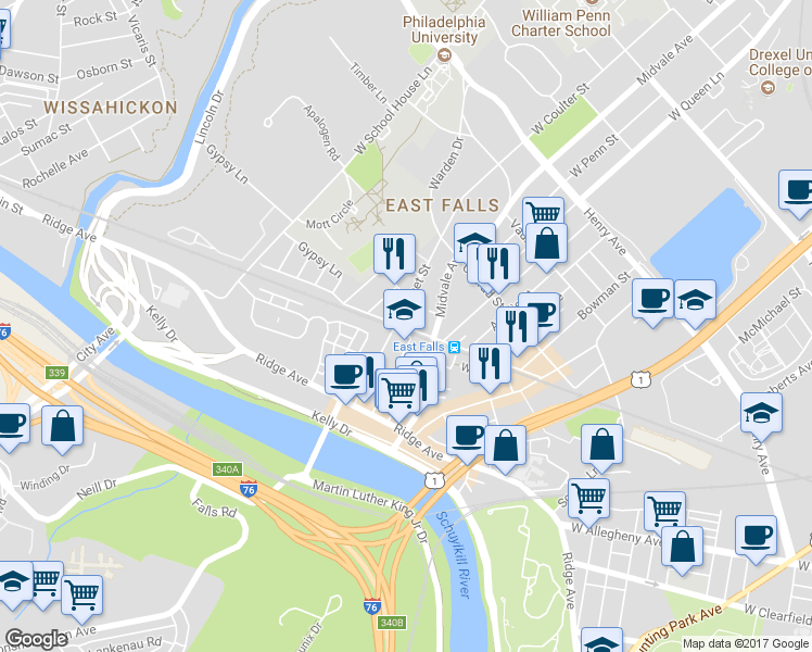 map of restaurants, bars, coffee shops, grocery stores, and more near 3409 Cresson Street in Philadelphia