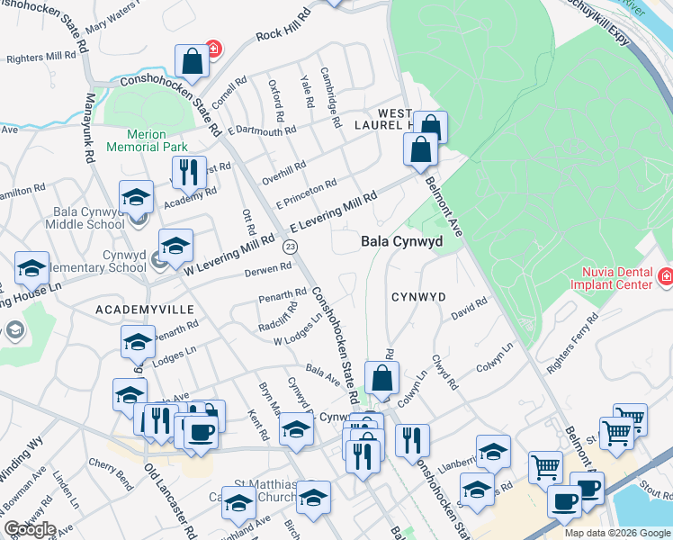 map of restaurants, bars, coffee shops, grocery stores, and more near 20 Levering Circle in Bala Cynwyd