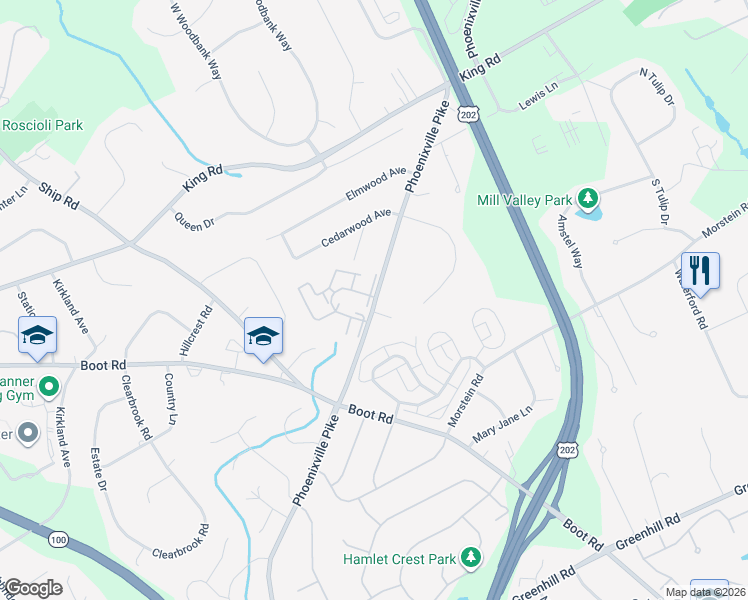 map of restaurants, bars, coffee shops, grocery stores, and more near in Chester County