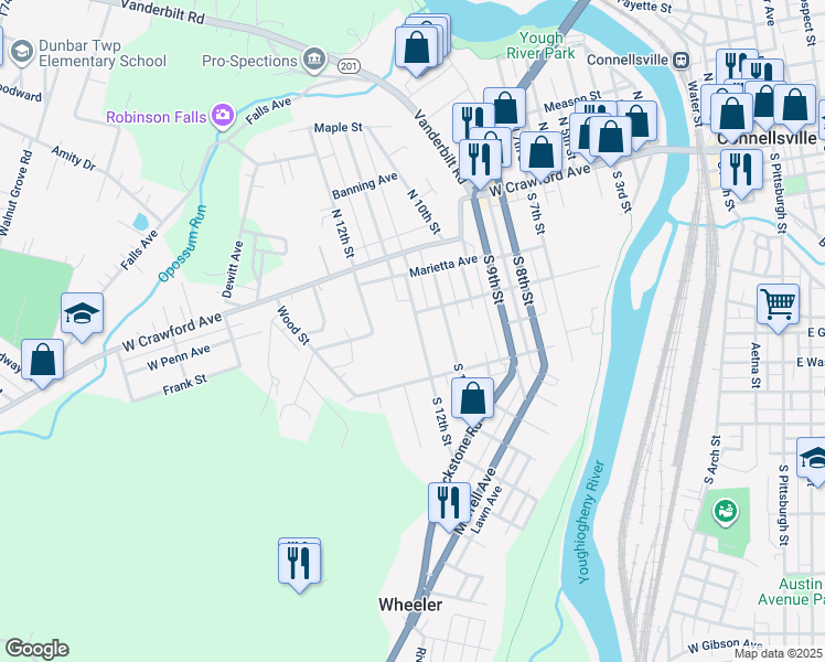 map of restaurants, bars, coffee shops, grocery stores, and more near 304 South 12th Street in Connellsville