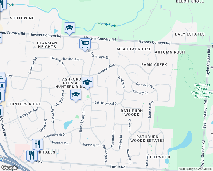 map of restaurants, bars, coffee shops, grocery stores, and more near 247 Buttonwood Court in Gahanna