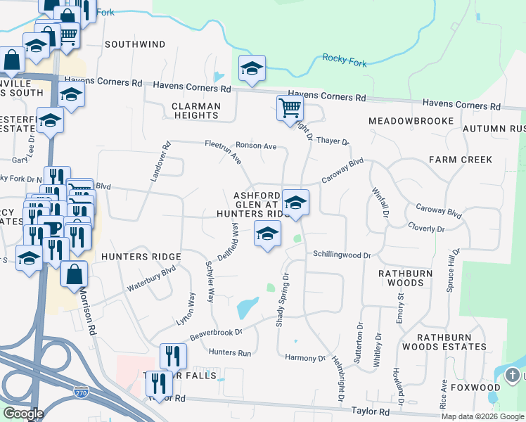 map of restaurants, bars, coffee shops, grocery stores, and more near 785 Ashford Glen Drive in Columbus