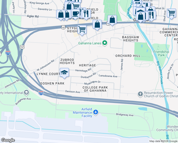 map of restaurants, bars, coffee shops, grocery stores, and more near 296 Hermitage Road in Columbus