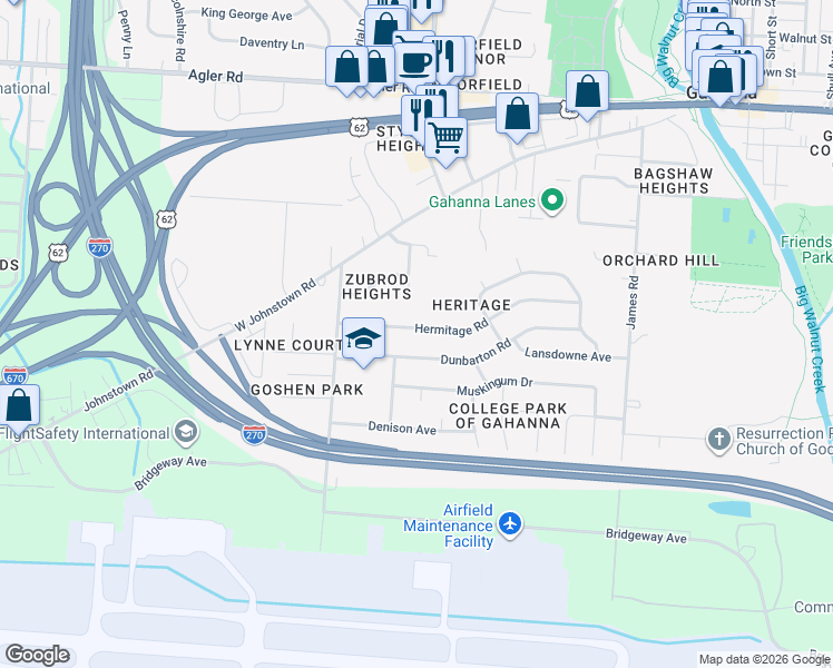 map of restaurants, bars, coffee shops, grocery stores, and more near 374 Hermitage Road in Columbus