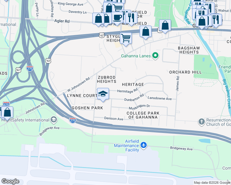 map of restaurants, bars, coffee shops, grocery stores, and more near 374 Hermitage Road in Columbus