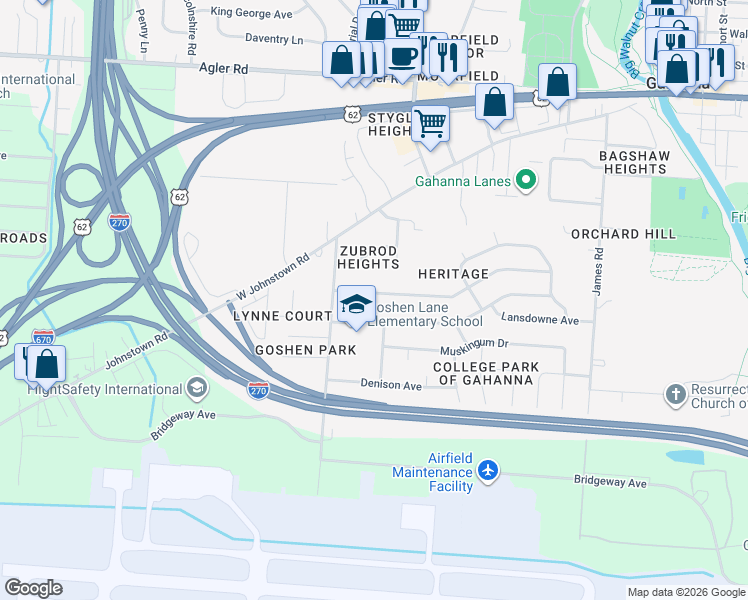 map of restaurants, bars, coffee shops, grocery stores, and more near 418 Hermitage Road in Columbus