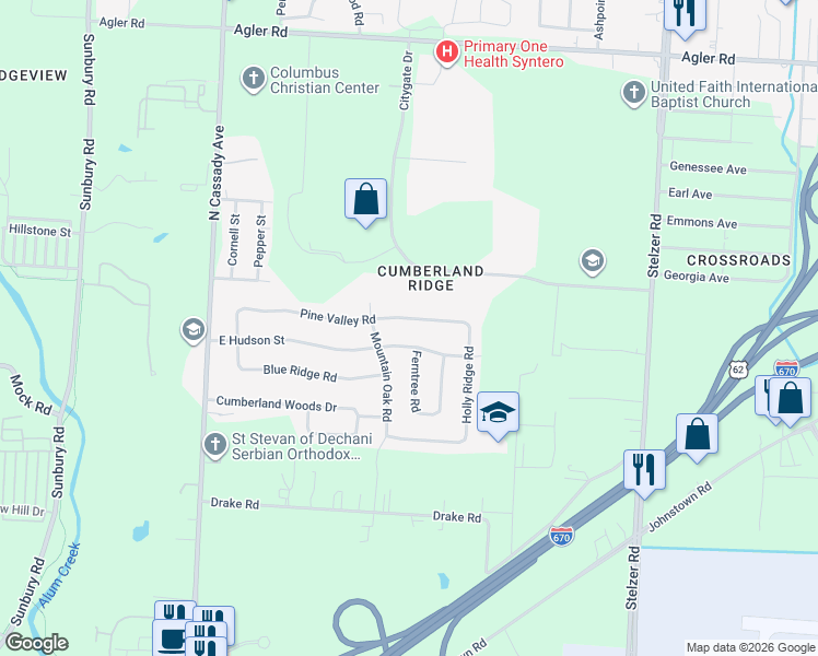 map of restaurants, bars, coffee shops, grocery stores, and more near 3282 Pine Valley Road in Columbus