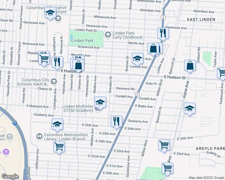 map of restaurants, bars, coffee shops, grocery stores, and more near 2252 Dresden Street in Columbus
