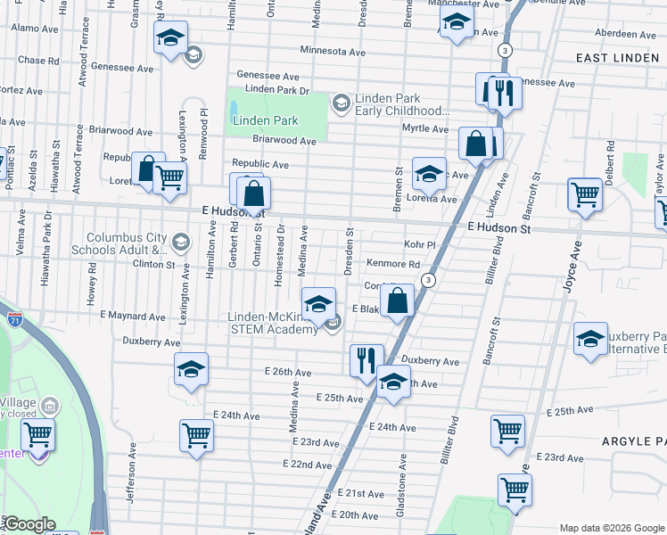 map of restaurants, bars, coffee shops, grocery stores, and more near 2252 Dresden Street in Columbus