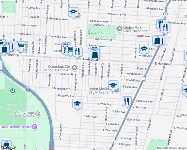 map of restaurants, bars, coffee shops, grocery stores, and more near 2275 Ontario Street in Columbus