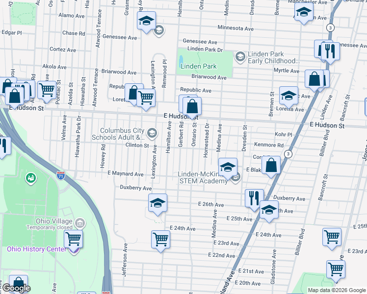 map of restaurants, bars, coffee shops, grocery stores, and more near 2283 Gerbert Road in Columbus