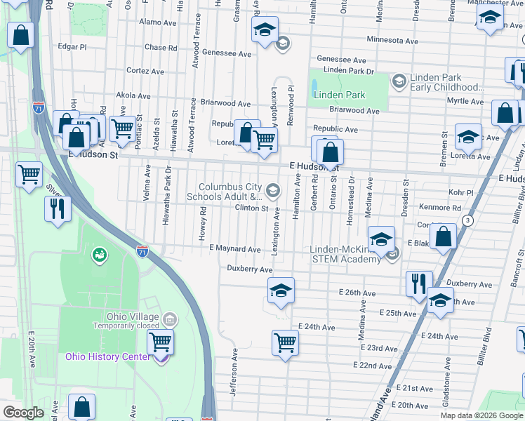 map of restaurants, bars, coffee shops, grocery stores, and more near 2301 Mcguffey Road in Columbus