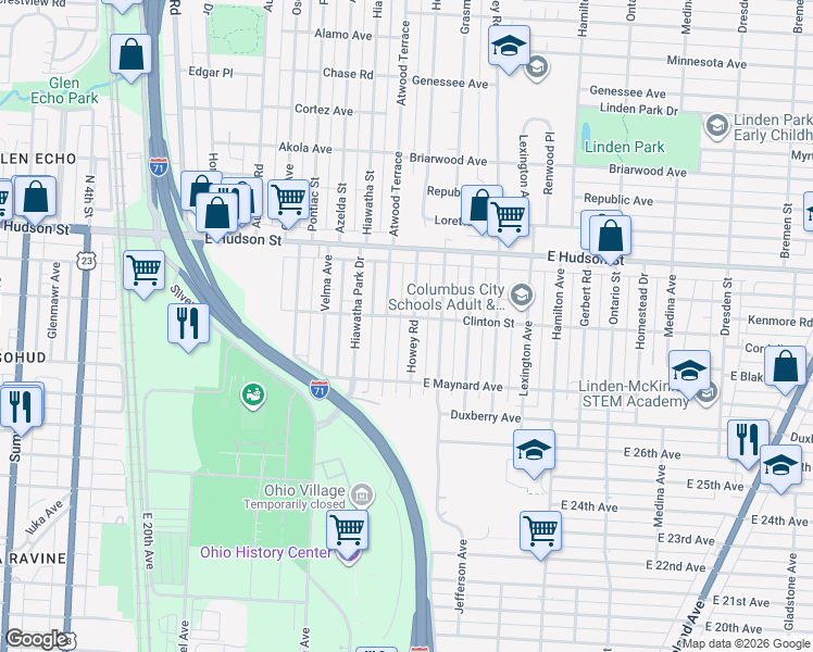 map of restaurants, bars, coffee shops, grocery stores, and more near 2314 Howey Road in Columbus