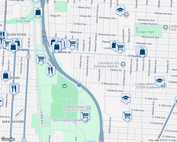 map of restaurants, bars, coffee shops, grocery stores, and more near 841 Clinton Street in Columbus