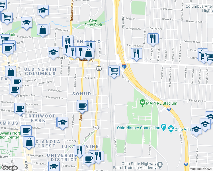 map of restaurants, bars, coffee shops, grocery stores, and more near 519 Clinton Street in Columbus