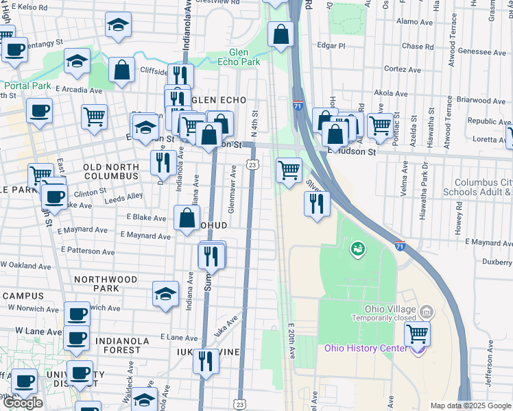 map of restaurants, bars, coffee shops, grocery stores, and more near 2401 North 4th Street in Columbus