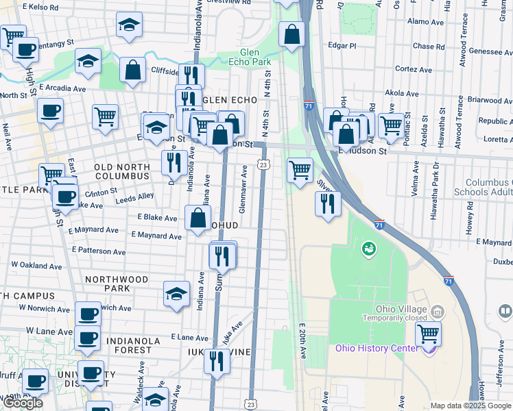 map of restaurants, bars, coffee shops, grocery stores, and more near 2401 North 4th Street in Columbus