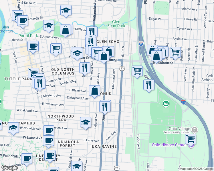 map of restaurants, bars, coffee shops, grocery stores, and more near in Columbus