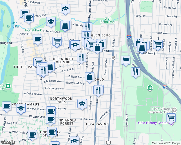map of restaurants, bars, coffee shops, grocery stores, and more near 2404-2406 Indiana Avenue in Columbus