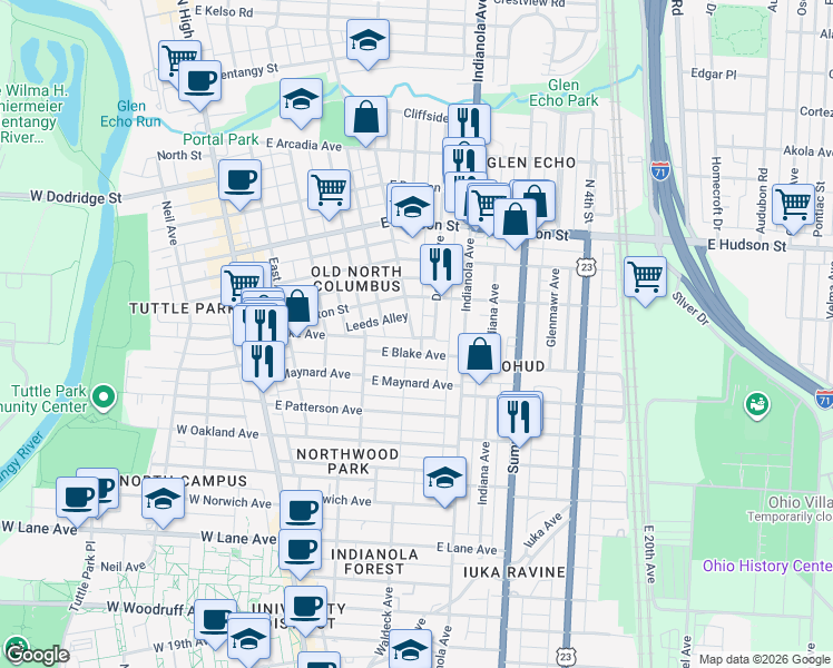 map of restaurants, bars, coffee shops, grocery stores, and more near 2417 Deming Avenue in Columbus