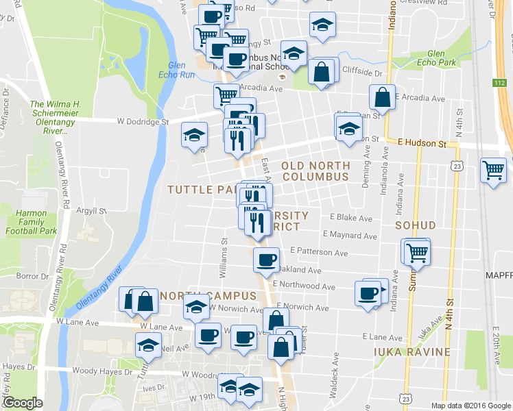 map of restaurants, bars, coffee shops, grocery stores, and more near 2458 North Pearl Street in Columbus