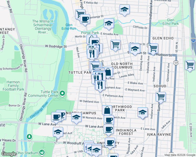 map of restaurants, bars, coffee shops, grocery stores, and more near 2458 North Pearl Street in Columbus
