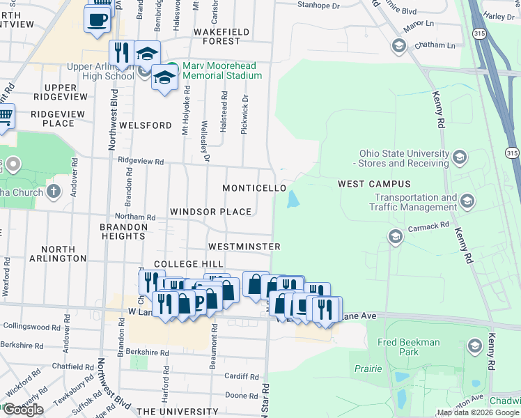 map of restaurants, bars, coffee shops, grocery stores, and more near 2681 Montcalm Road in Columbus