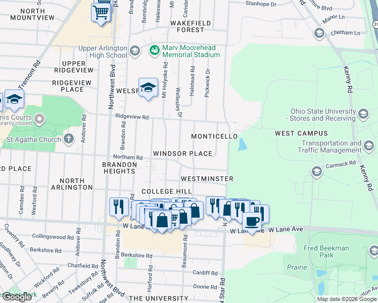 map of restaurants, bars, coffee shops, grocery stores, and more near 2690 Vassar Place in Columbus