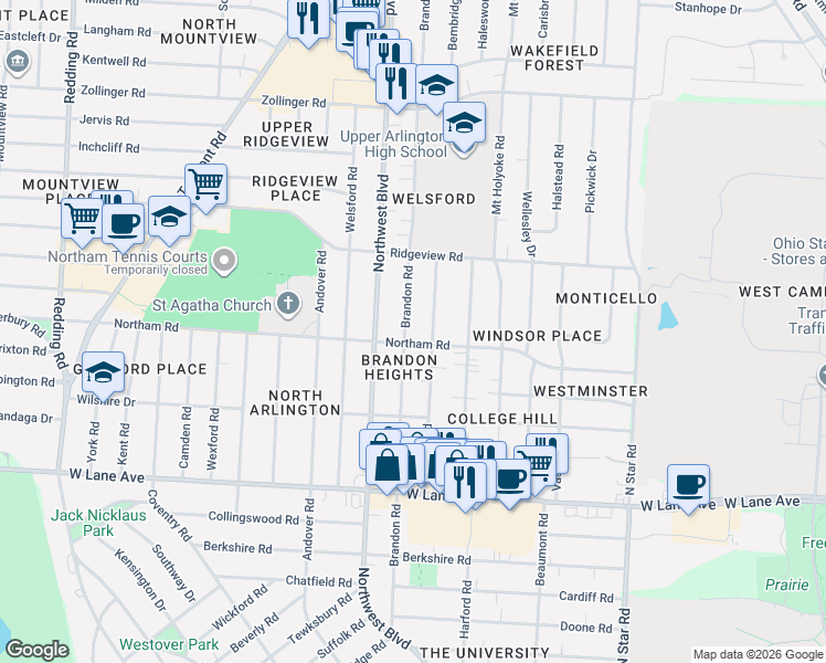 map of restaurants, bars, coffee shops, grocery stores, and more near 2720 Brandon Road in Columbus