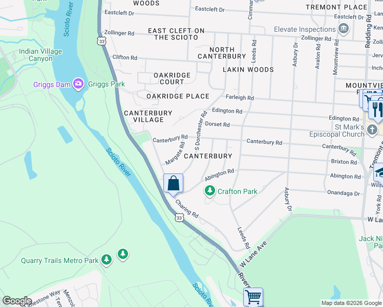 map of restaurants, bars, coffee shops, grocery stores, and more near 2866 Margate Road in Columbus