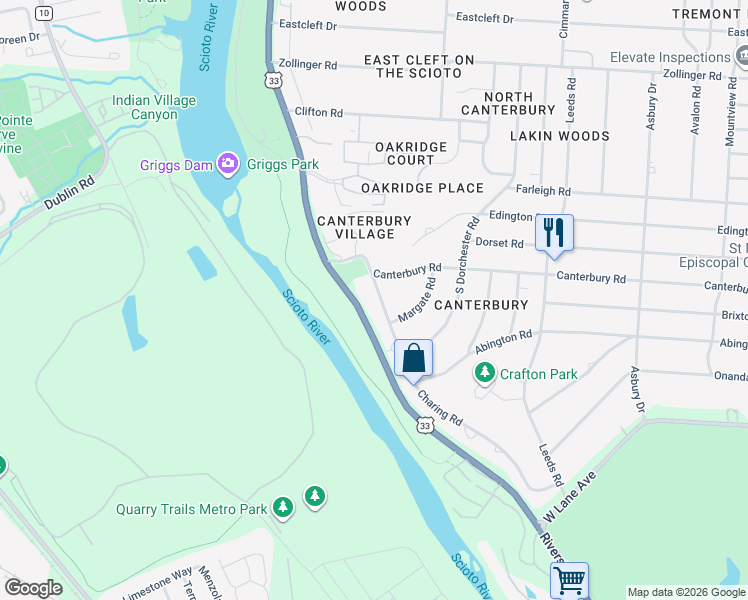 map of restaurants, bars, coffee shops, grocery stores, and more near 2881 Charing Road in Upper Arlington