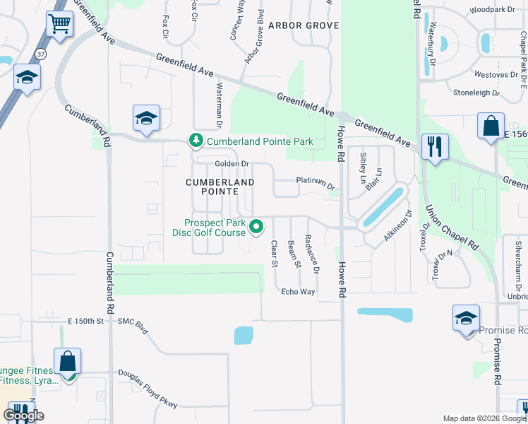 map of restaurants, bars, coffee shops, grocery stores, and more near 10349 Bronze Drive in Noblesville