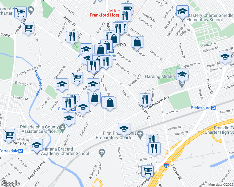 map of restaurants, bars, coffee shops, grocery stores, and more near 4530 Mulberry Street in Philadelphia