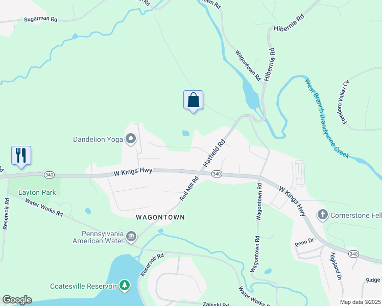 map of restaurants, bars, coffee shops, grocery stores, and more near 106 Laurel Drive in Coatesville