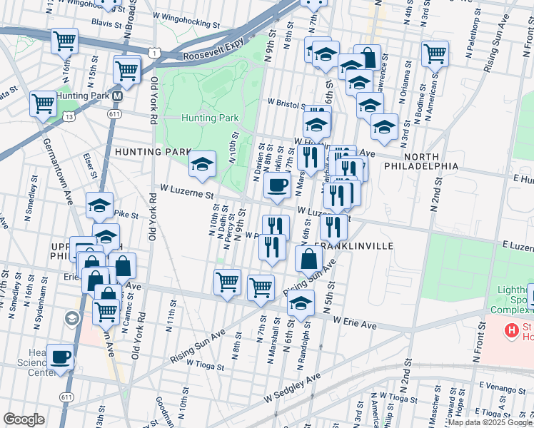 map of restaurants, bars, coffee shops, grocery stores, and more near 3948 North Franklin Street in Philadelphia