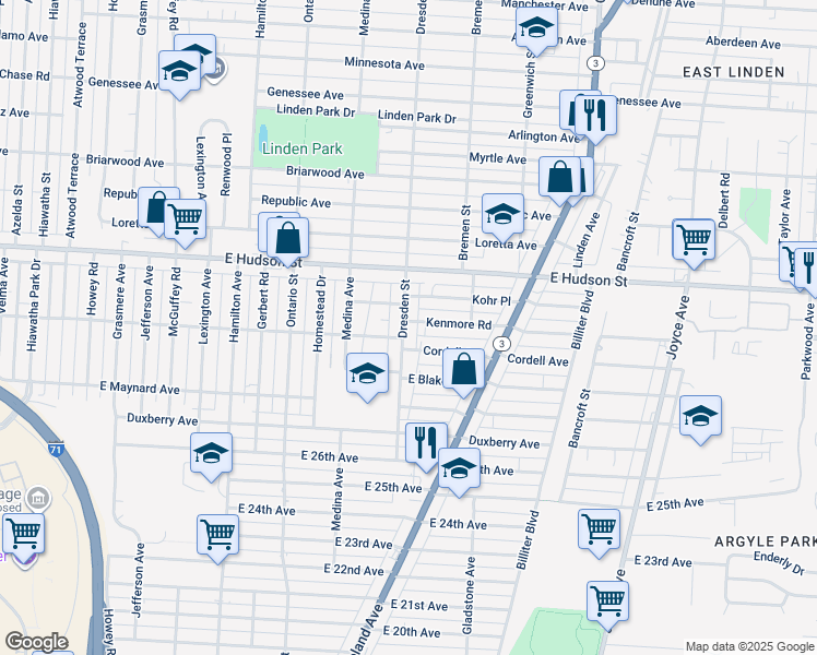 map of restaurants, bars, coffee shops, grocery stores, and more near 2238 Dresden Street in Columbus