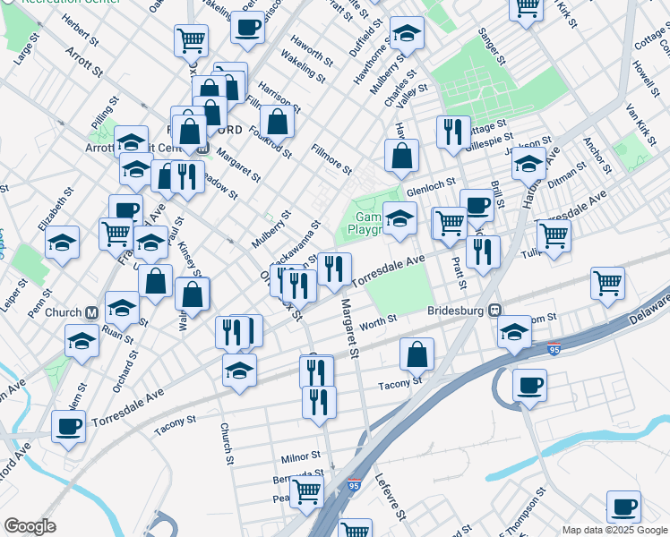map of restaurants, bars, coffee shops, grocery stores, and more near 2034 Margaret Street in Philadelphia